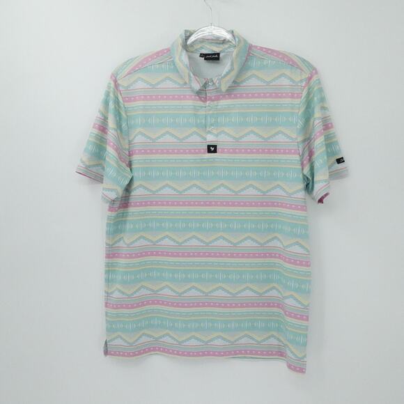 Bad Birdie Polo Shirt Mens Large Mint Pink Pastel Aztec Stripe Golf Performance - Picture 1 of 15